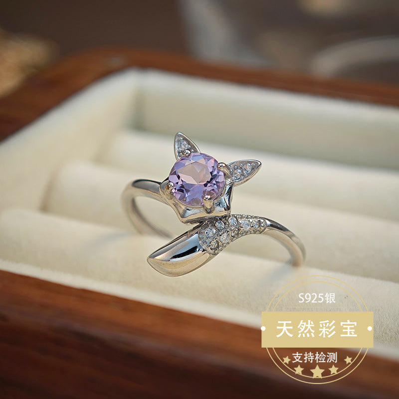 Natural Amethyst Gemstone Fine Jewelry 925 Sterling Silver Light Luxury Fox Style Rings