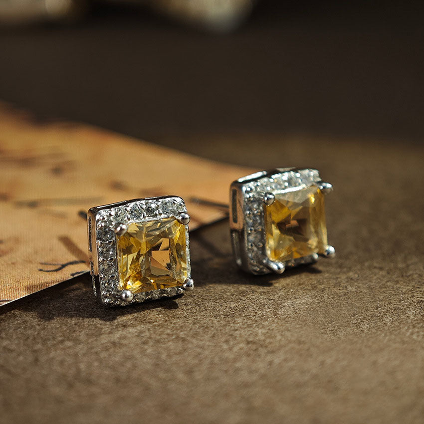 S925 Sterling Silver Jewelry Earrings Natural Citrine Gemstone Square Style Stud Earrings