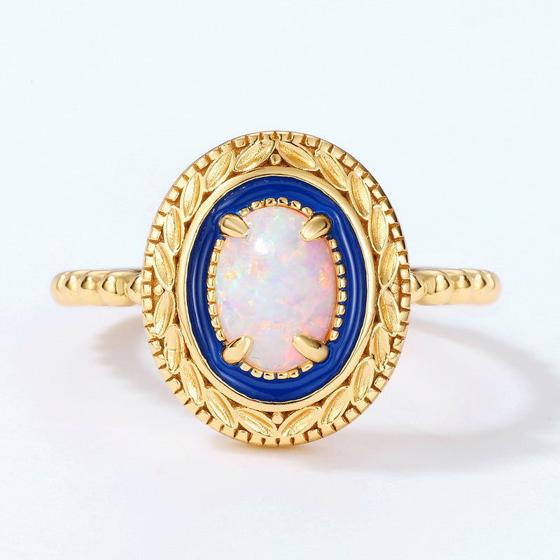 S925 Sterling Silver Jewelry Ring Opal Gemstone Enamel Craft Classic Vintage Style Rings