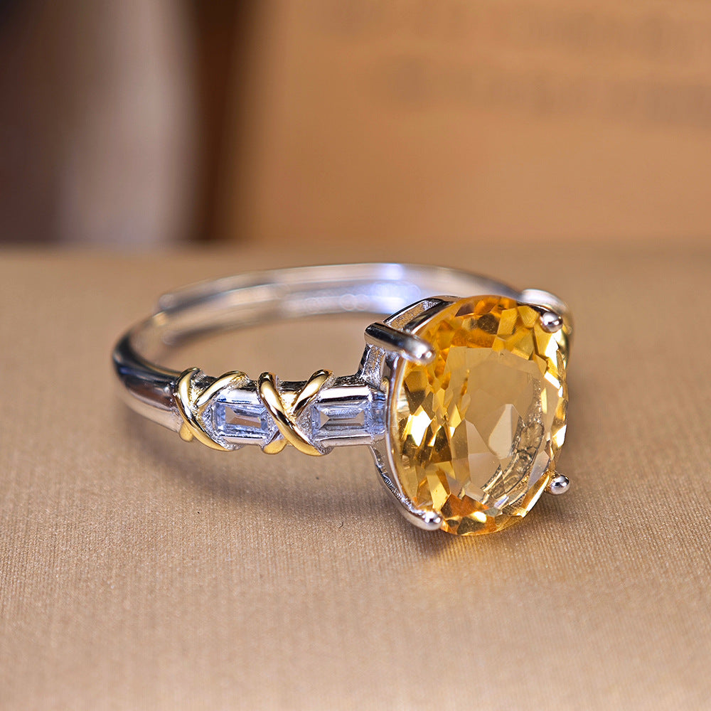 S925 Sterling Silver Jewelry Ring Natural Citrine Gemstone Oval Style Simple Luxury Rings