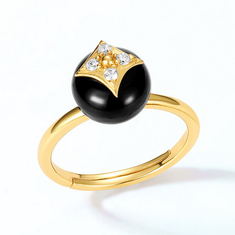 S925 Sterling Silver Jewelry Ring Natural Black Onyx Gemstone Lucky Clover Style Rings