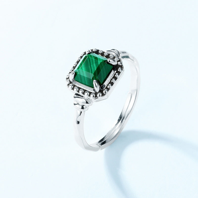 S925 Sterling Silver Jewelry Ring Natural Malachite Gemstone Vintage Style Rings