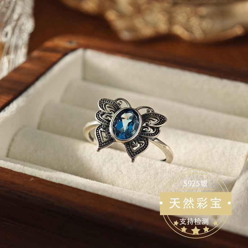 Natural Swiss Blue Topaz Gemstone Fine Jewelry 925 Sterling Silver Vintage Style Butterfly Jewelry Rings