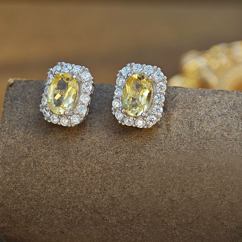 S925 Sterling Silver Jewelry Earrings Natural Citrine Gemstone Square Style Stud Earrings