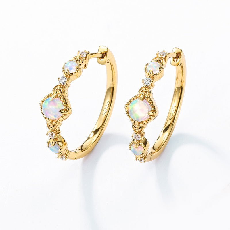 S925 Sterling Silver Jewelry Earrings Magical Color Opal Gemstone Hoop Earrings