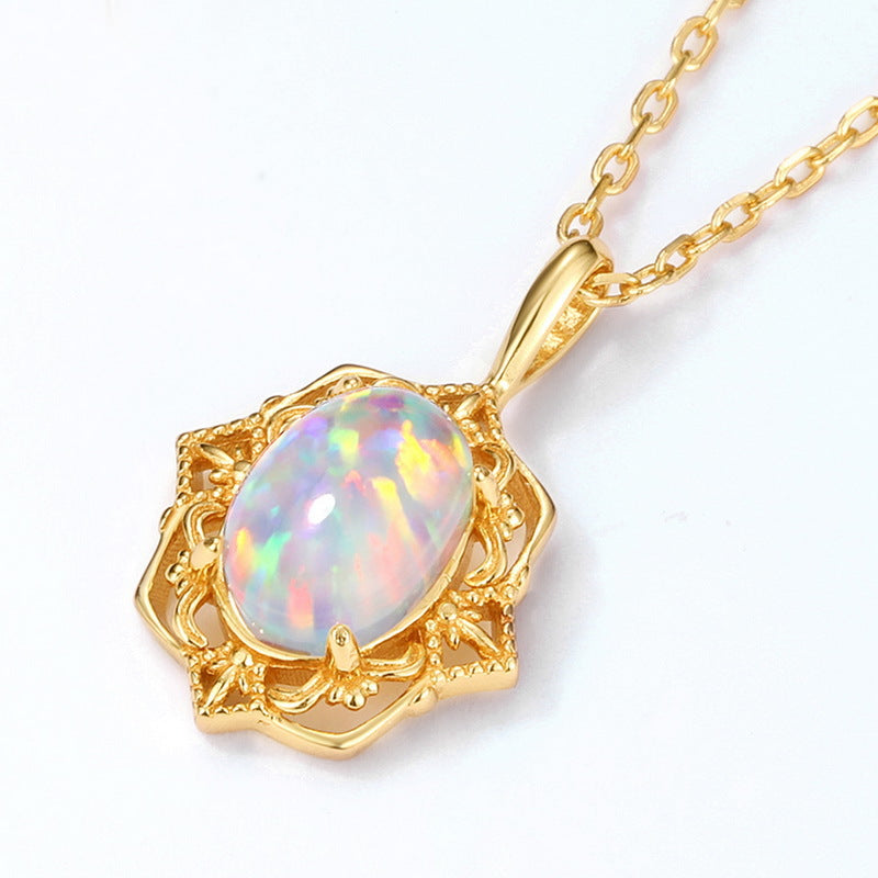 S925 Sterling Silver Jewelry Opal Gemstone Gold Plating Vintage Style Necklace Pendant