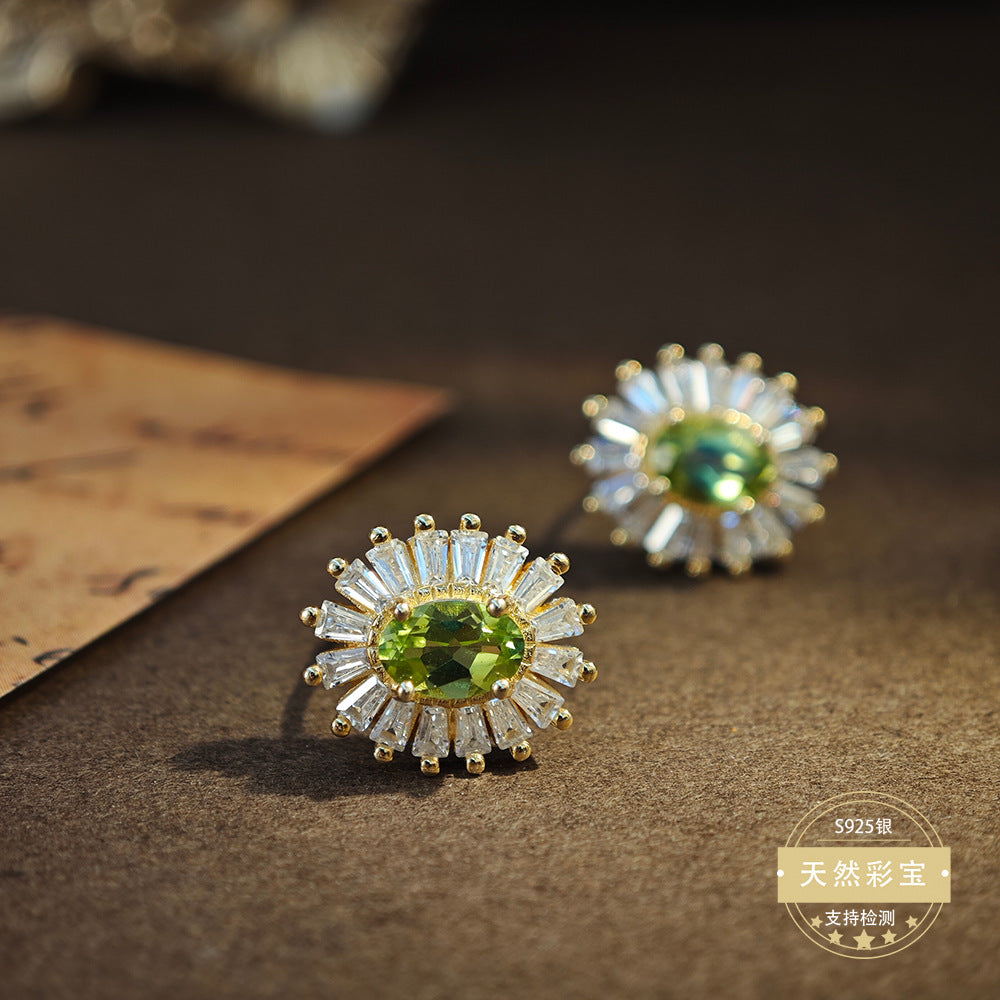 S925 Sterling Silver Fine Jewelry Natural Peridot Gemstone Fashion Luxury Stud Earrings