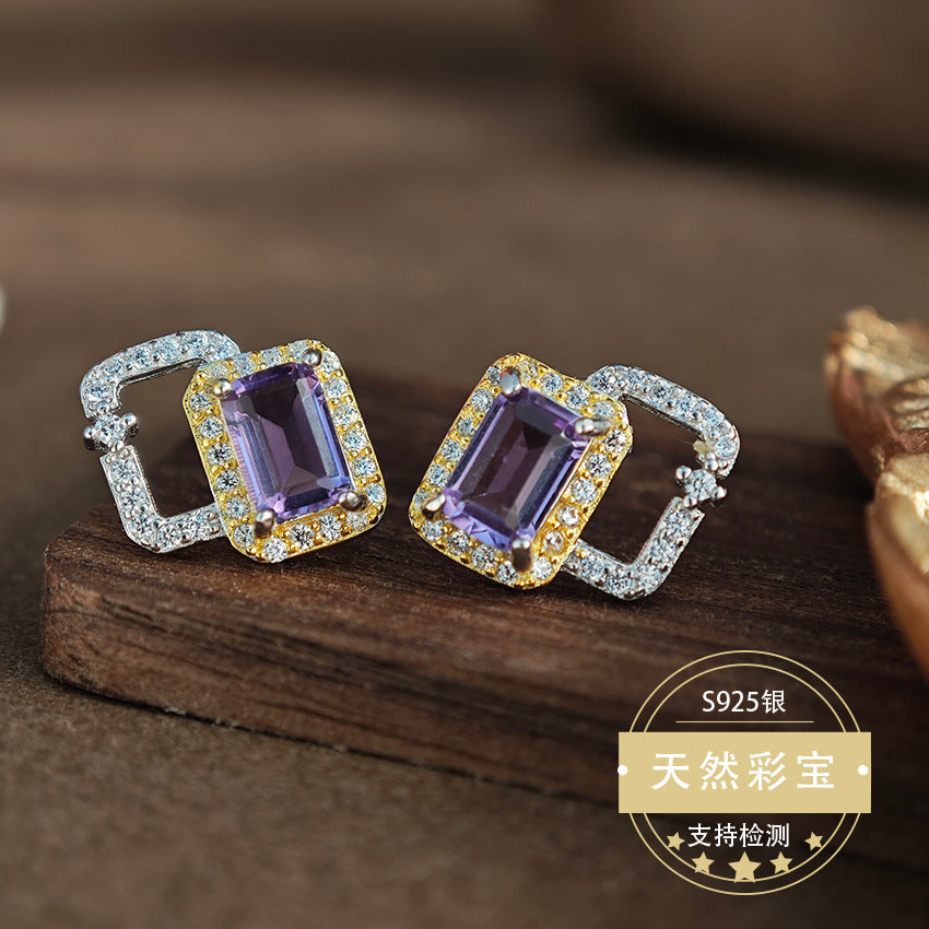 Natural Amethyst Gemstone Fine Jewelry 925 Sterling Silver Unique Light Luxury Stud Earrings