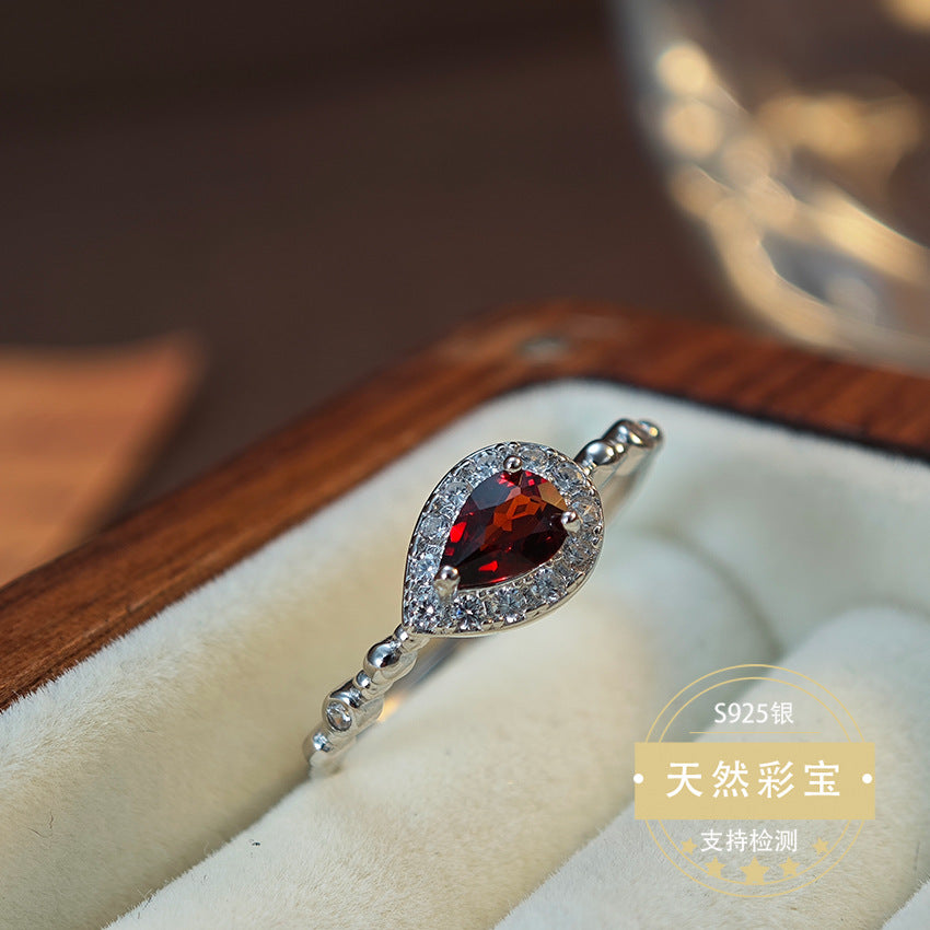 Natural Garnet Gemstone Fine Jewelry 925 Sterling Silver Water Drop Vintage Style Rings