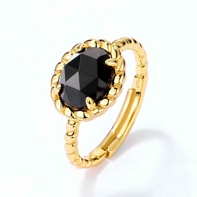 S925 Sterling Silver Jewelry Ring Natural Black Onyx Gemstone Gold Plating Simple Luxury Ring