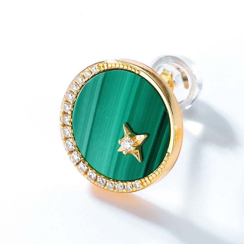 S925 Sterling Silver Jewelry Earrings Natural Malachite Gemstone Moon Star Style Stud Earrings