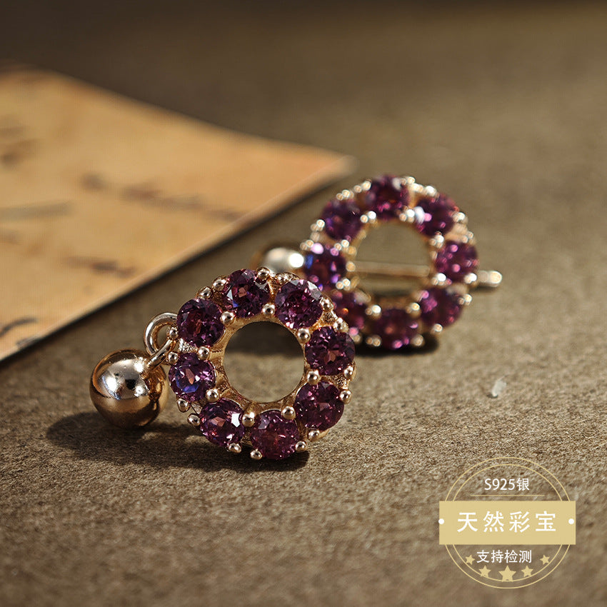S925 Sterling Silver Fine Jewelry Natural Purple Garnet Gemstone Luxury Drop Earrings