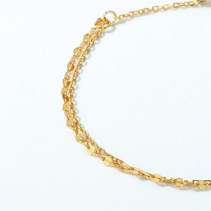 S925 Sterling Silver Jewelry Chain Gold Plating Double Layers Floral and Cross Chain Bracelet