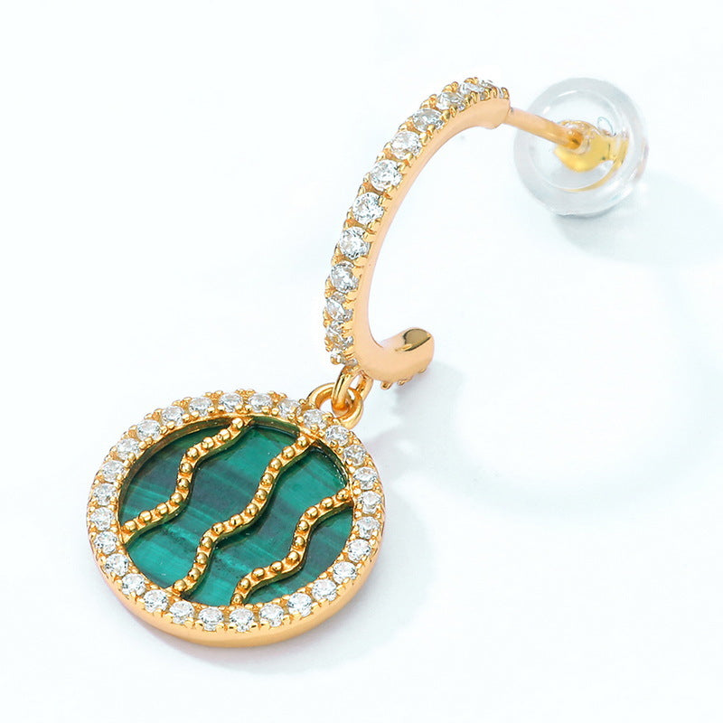 S925 Sterling Silver Jewelry Earrings Natural Malachite Gemstone Round Style Drop Earrings