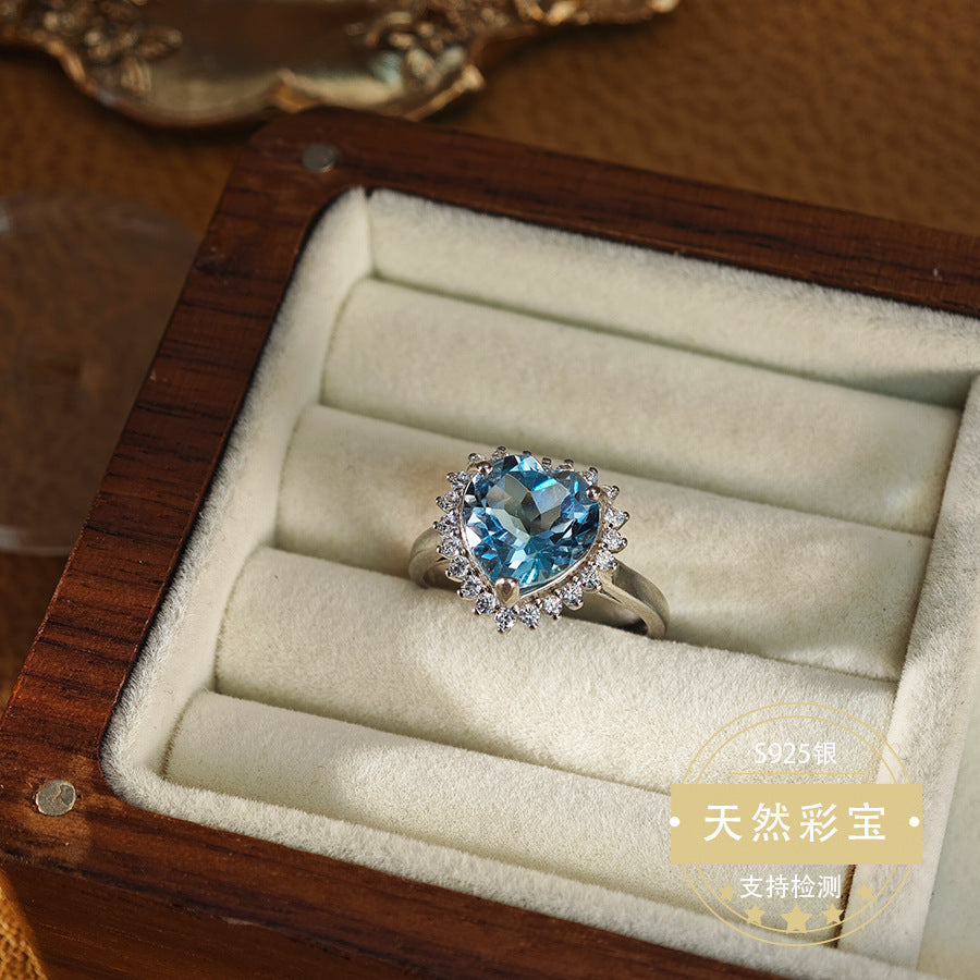 S925 Sterling Silver Jewelry Ring Natural Swiss Blue Topaz Gemstone Heart Style Luxury Rings