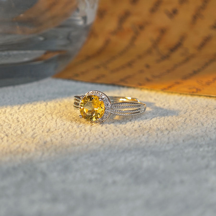 S925 Sterling Silver Jewelry Ring Natural Citrine Gemstone Round Style Simple Luxury Rings