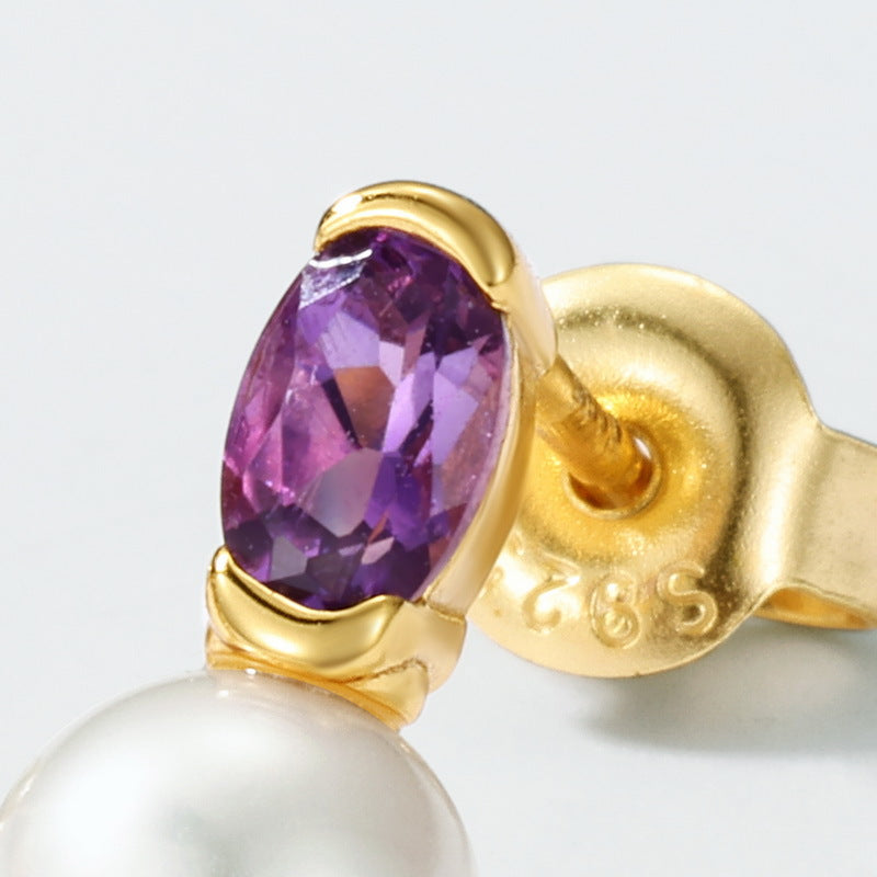 S925 Sterling Silver Jewelry Earrings Natural Freshwater Pearl Amethyst Gemstone Earrings