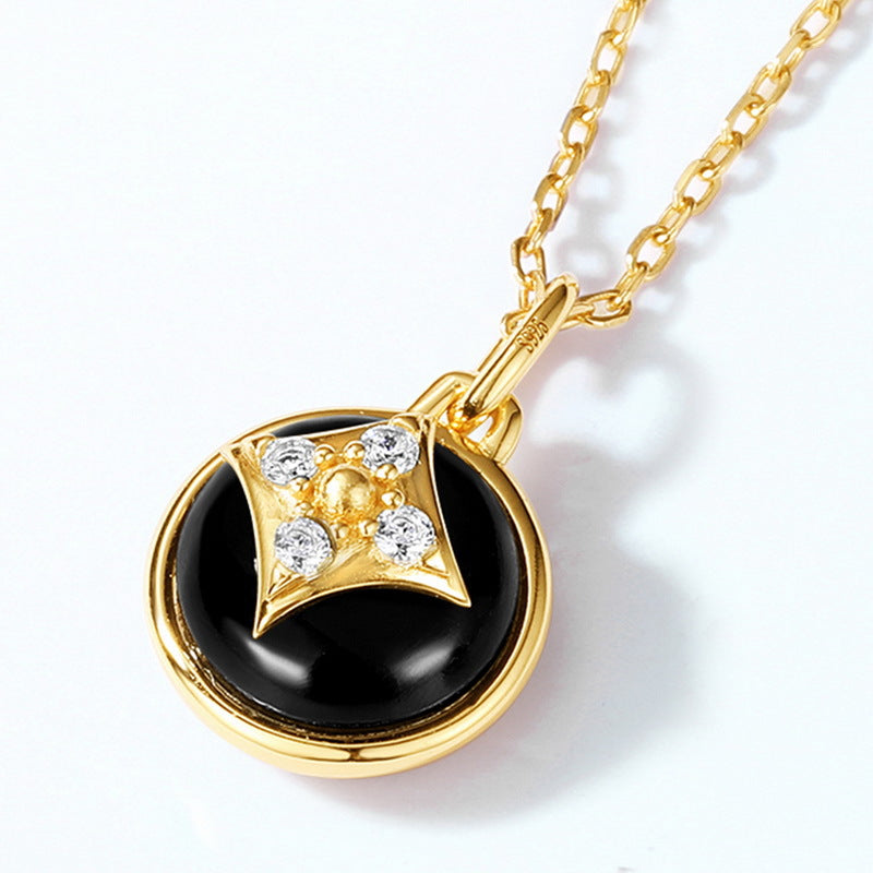 S925 Sterling Silver Jewelry Pendants Natural Black Onyx Gemstone Round Style Necklace Charms
