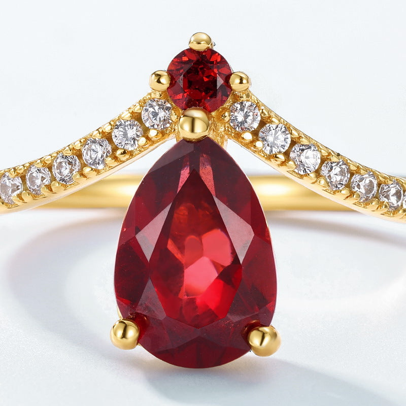 S925 Sterling Silver Jewelry Ring Natural Garnet Gemstone Water Drop Crown Style Rings