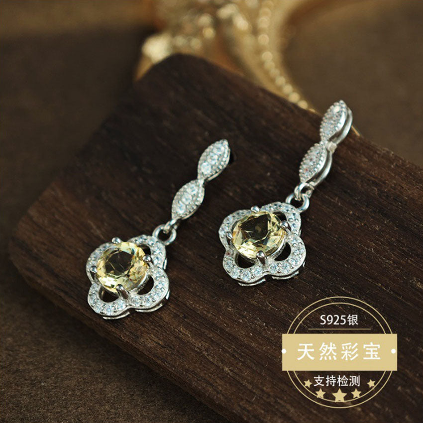 Natural Citrine Gemstone Fine Jewelry 925 Sterling Silver Fashion Light Luxury Drop Earrings