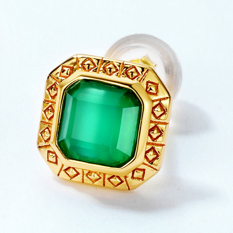 S925 Sterling Silver Jewelry Earrings Natural Green Agate Gemstone Vintage Palace Style Earrings