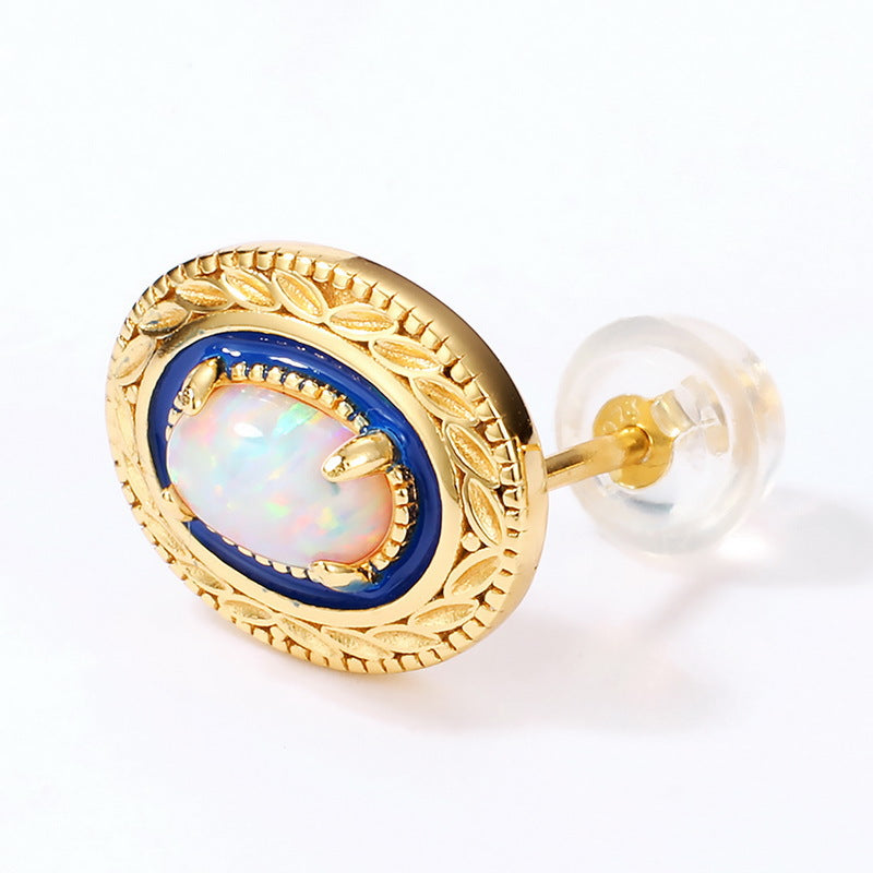 S925 Sterling Silver Jewelry Opal Gemstone Enamel Craft Vintage Style Luxury Earrings