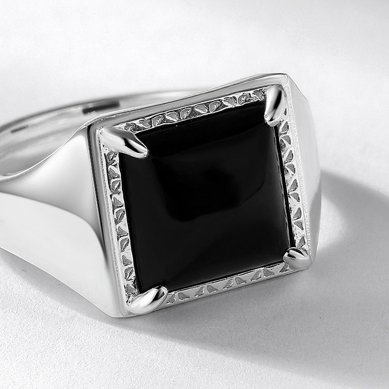 S925 Sterling Silver Jewelry Ring Natural Black Onyx Gemstone Vintage Square Style Rings