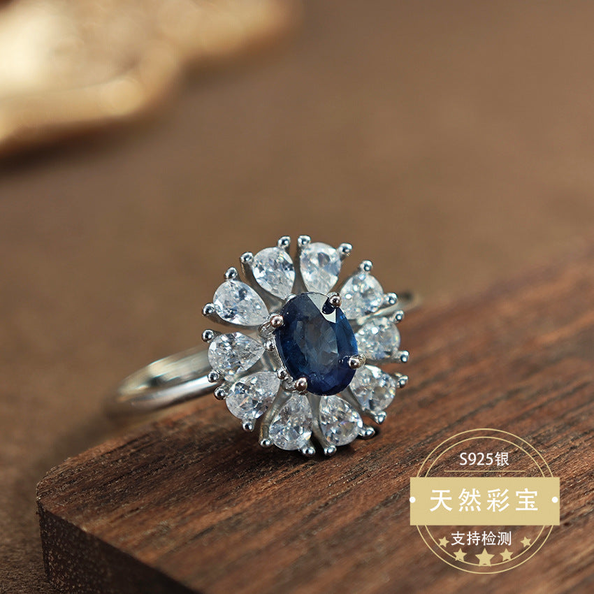 S925 Sterling Silver Jewelry Ring Natural Sapphire Gemstone Floral Style Fashion Luxury Rings