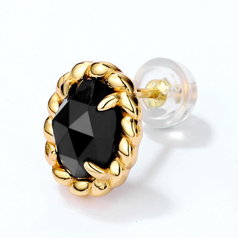 S925 Sterling Silver Jewelry Earrings Natural Black Onyx Gemstone Gold Plating Earrings