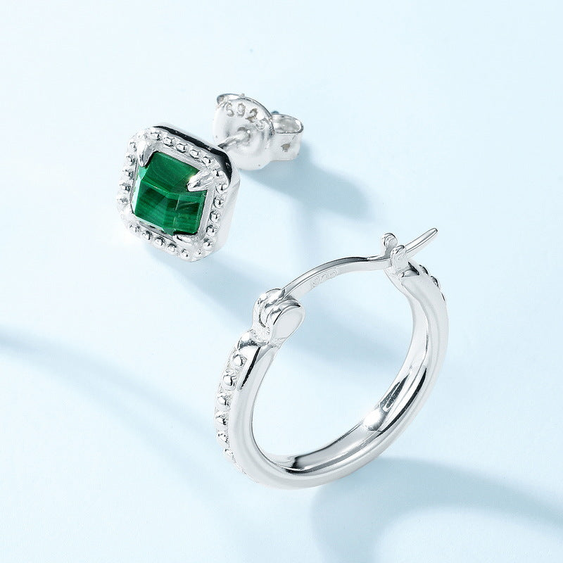 S925 Sterling Silver Jewelry Earrings Natural Malachite Gemstone Asymmetric Earrings