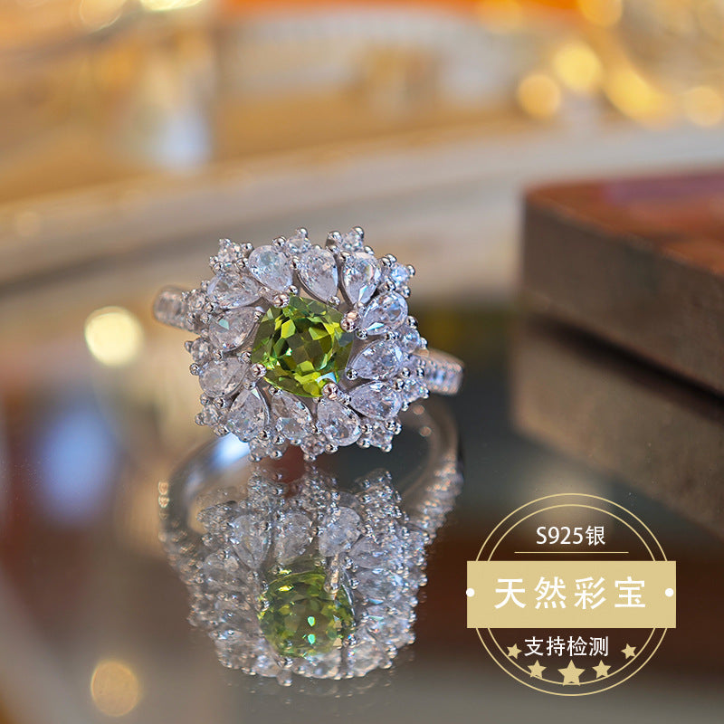 S925 Sterling Silver Fine Jewelry Natural Peridot Gemstone Floral Style Luxury Rings