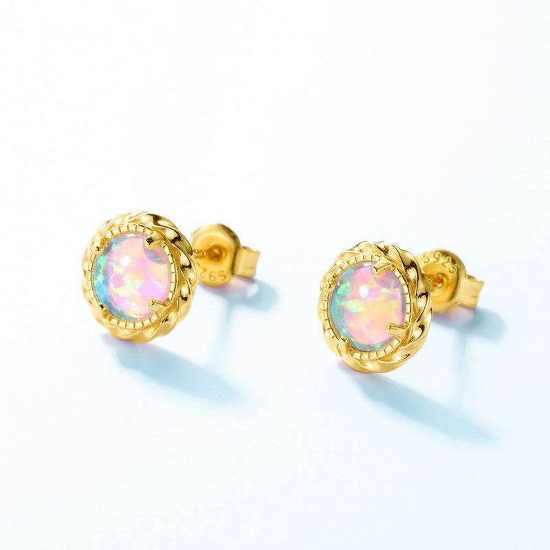 S925 Sterling Silver Jewelry Exquisite Opal Gemstone Simple Luxury Stud Earrings
