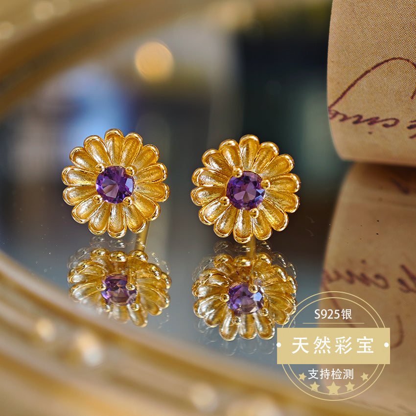 Natural Emerald Gemstone Fine Jewelry 925 Sterling Silver Sunflower Style Light Luxury Earrings
