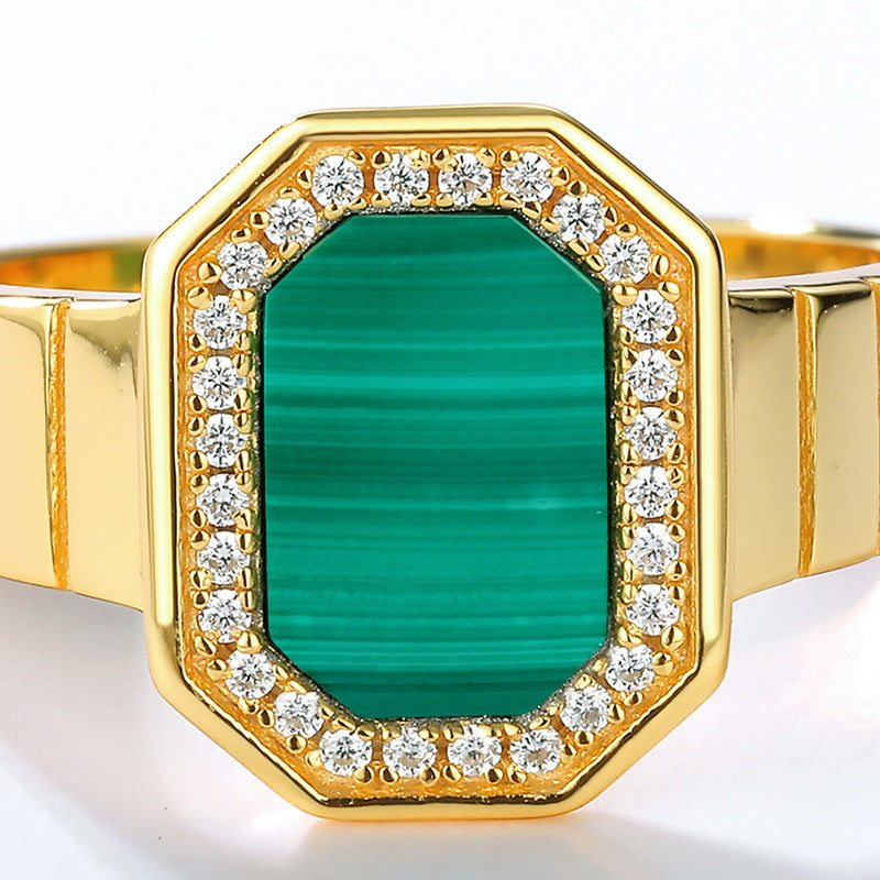 S925 Sterling Silver Jewelry Ring Natural Malachite Gemstone Geometric Simple Luxury Rings