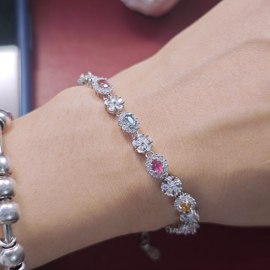 S925 Sterling Silver Jewelry Bracelet Natural Tourmaline Gemstone Floral Style Chain Bracelets