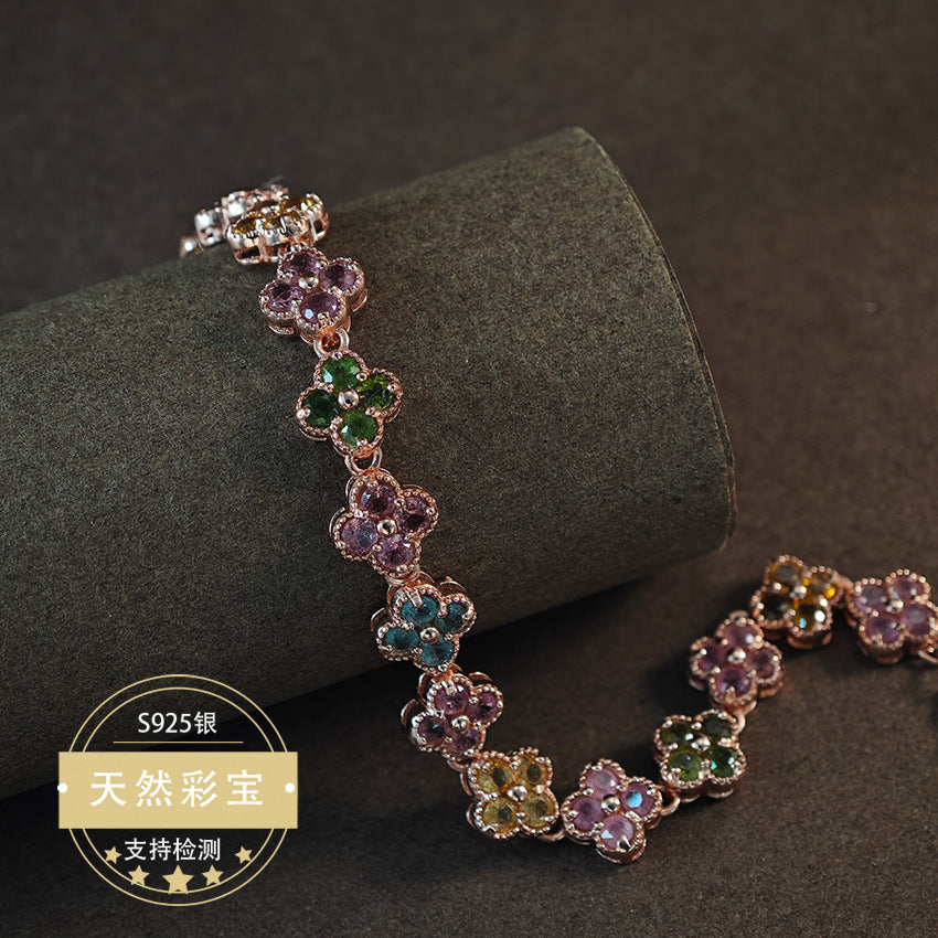 Natural Tourmaline Gemstone Fine Jewelry 925 Sterling Silver Luxury Clover Style Chain Bracelet