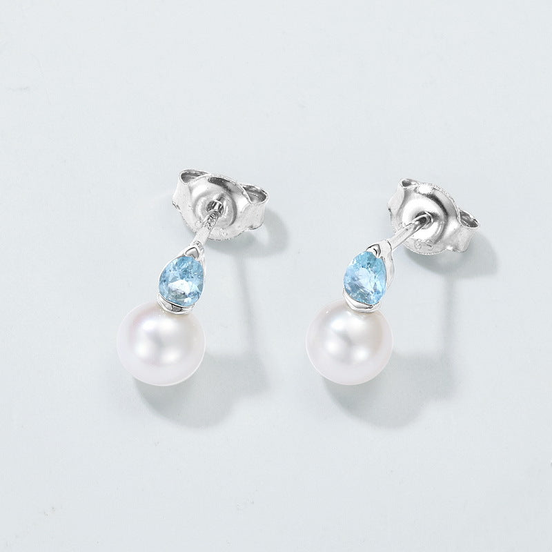 S925 Sterling Silver Jewelry Earrings Natural Freshwater Pearl Aquamarine Gemstone Earrings