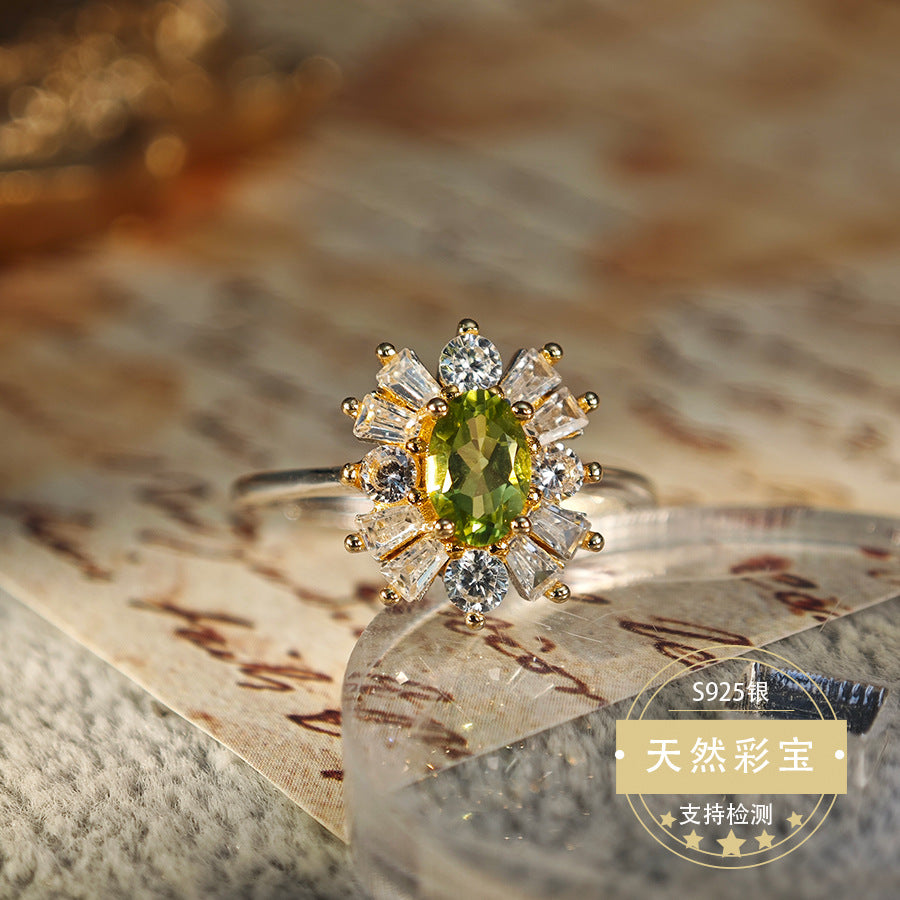 S925 Sterling Silver Jewelry Ring Natural Peridot Gemstone Floral Style Fashion Luxury Rings