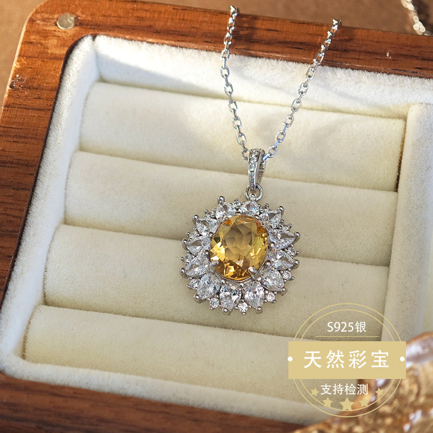 Natural Citrine Gemstone Fine Jewelry 925 Sterling Silver Light Luxury Charms Necklace