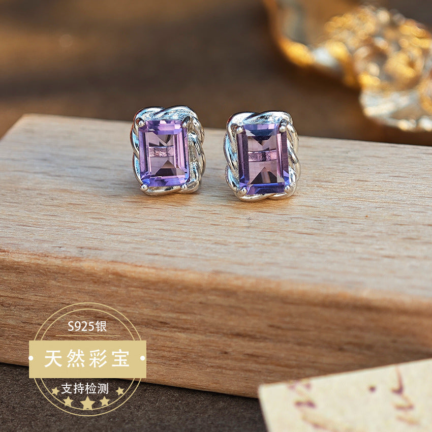 Natural Amethyst Gemstone Fine Jewelry 925 Sterling Silver Rectangular Style Stud Earrings