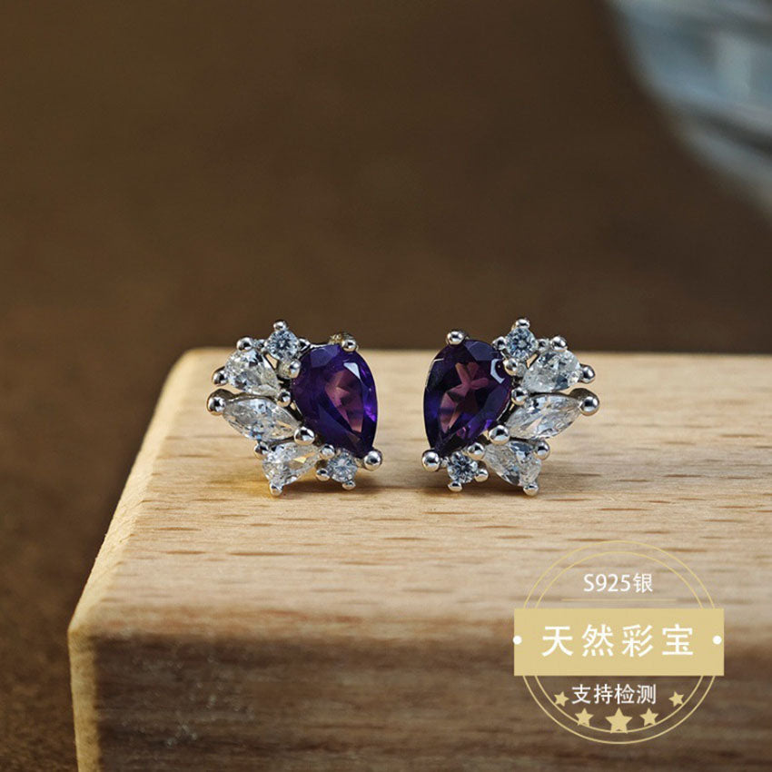 Natural Amethyst Gemstone Fine Jewelry 925 Sterling Silver Light Luxury Stud Earrings