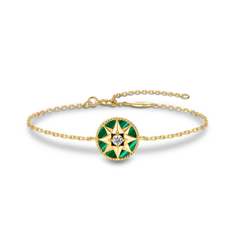 S925 Sterling Silver Jewelry Bracelet Natural Malachite Gemstone Lucky Compass Style Bracelets