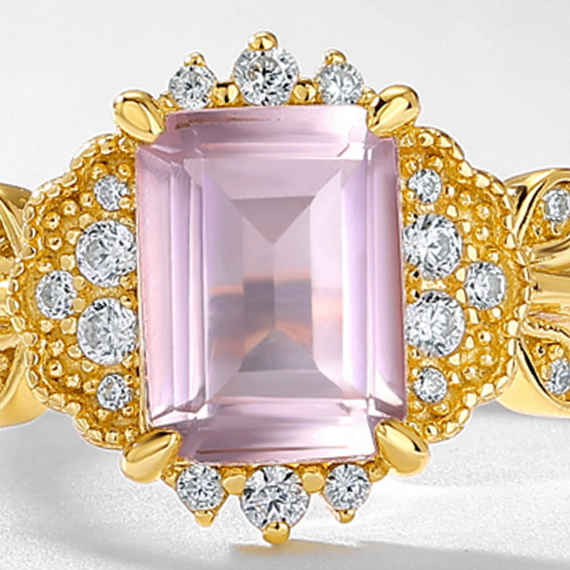 S925 Sterling Silver Jewelry Ring Natural Rose Quartz Gemstone Leaf Style Simple Luxury Rings