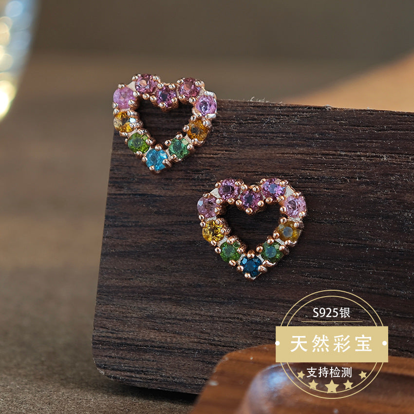 Natural Tourmaline Gemstone Fine Jewelry 925 Sterling Silver Heart Style Stud Earrings