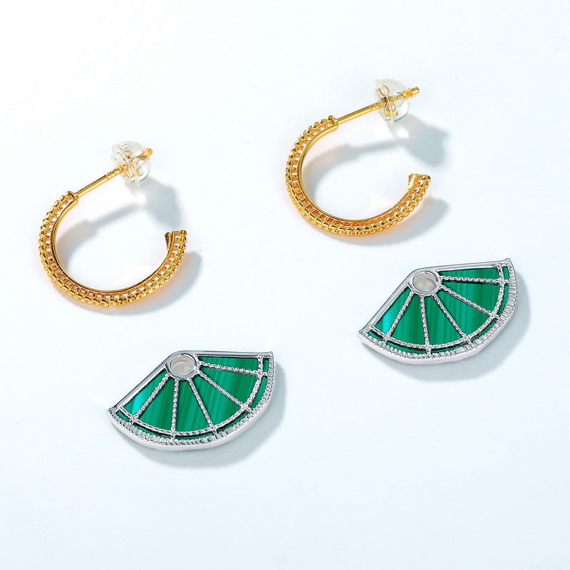 S925 Sterling Silver Jewelry Earrings Natural Malachite Gemstone Sector Style Detachable Earrings