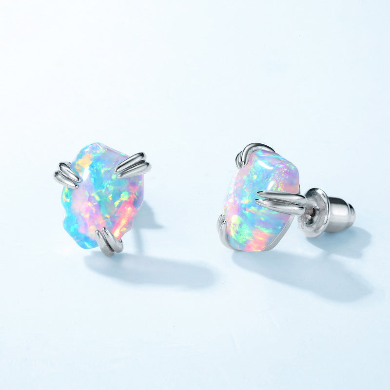 S925 Sterling Silver Jewelry Earrings Magical Color Opal Gemstone Irregular Style Stud Earrings