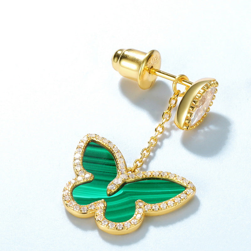 S925 Sterling Silver Jewelry Earrings Natural Malachite Gemstone Butterfly Style Drop Earrings