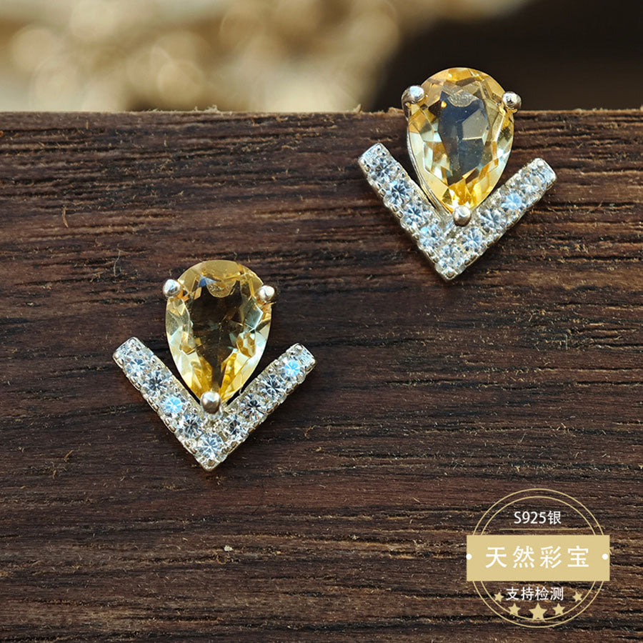S925 Sterling Silver Jewelry Earrings Natural Citrine Gemstone Unique Design Stud Earrings