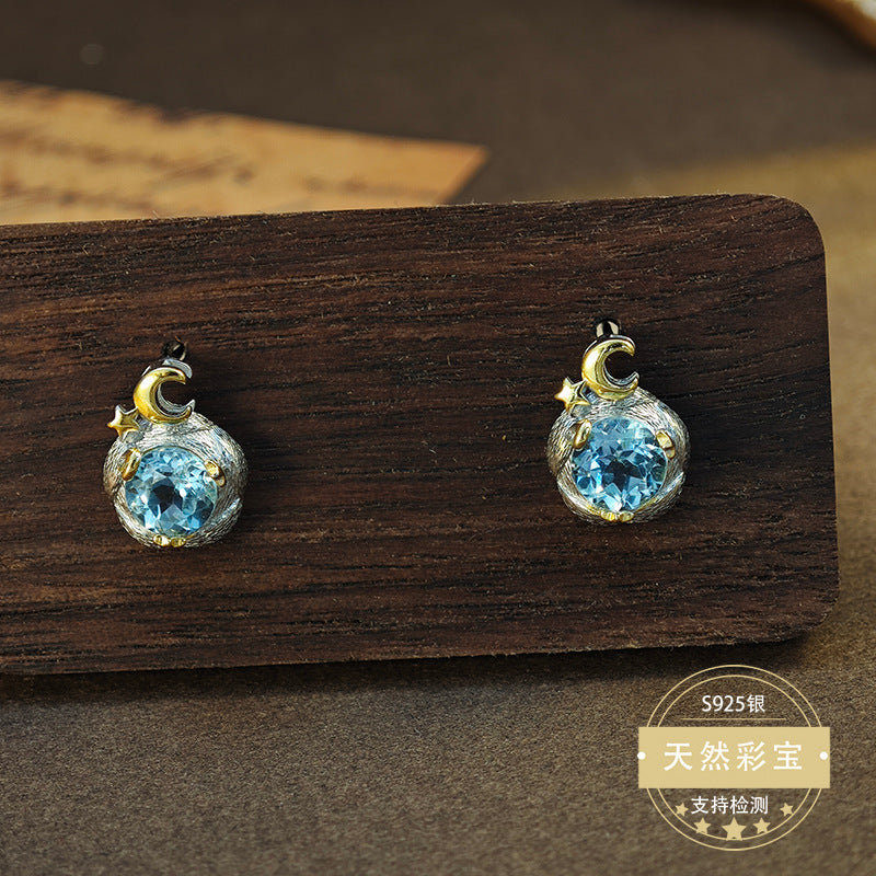 S925 Sterling Silver Jewelry Earrings Natural Topaz Gemstone Unique Design Stud Earrings