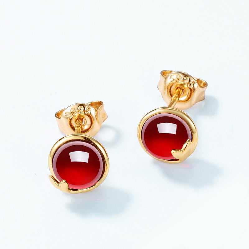 S925 Sterling Silver Jewelry Earrings Natural Garnet Gemstone Simple Luxury Stud Earrings